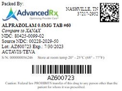 Alprazolam 0.5mg Tab Qty 60 Ndc 80425 0099